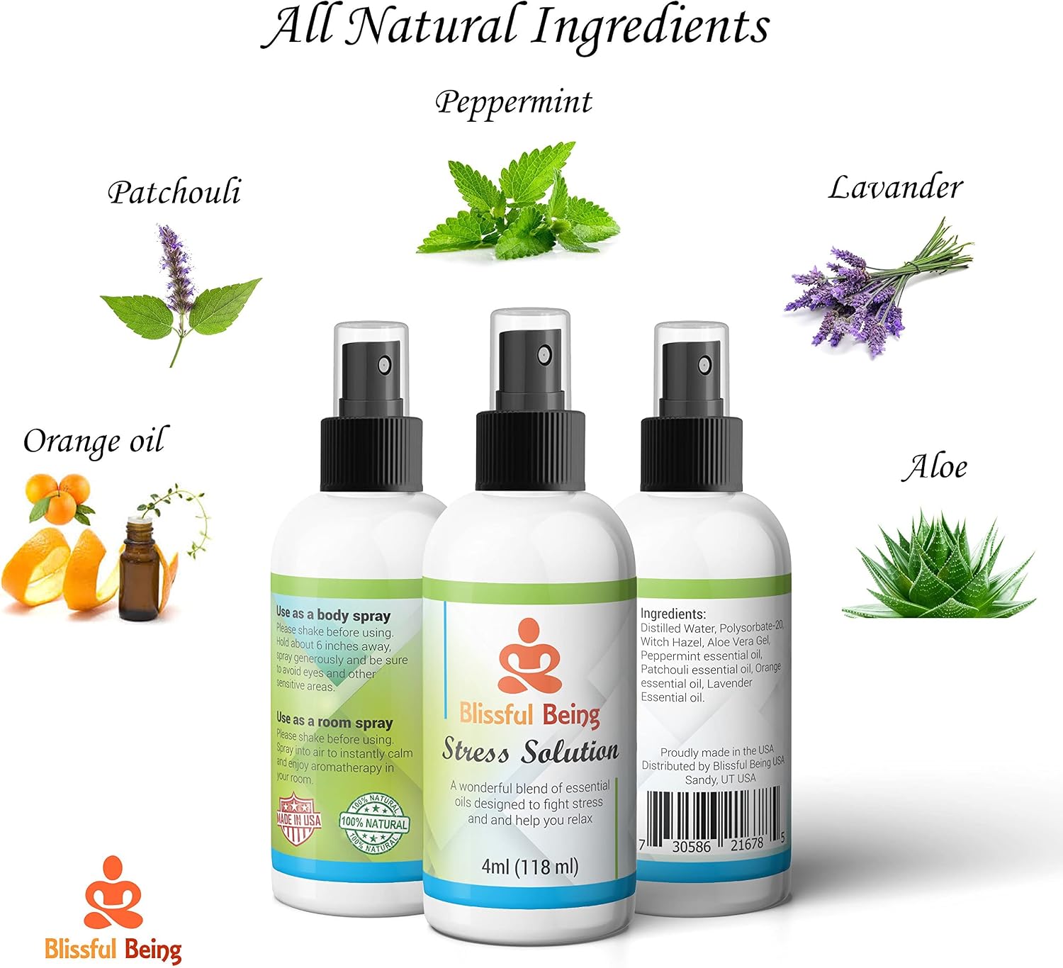 Stress Solution Aromatherapy Spray- Multifunctional Stress-Relief Spray- All-Natural Ingredients- Peppermint, Patchouli, Lavender and Orange Essential Oils- Body Mist& Room Spray