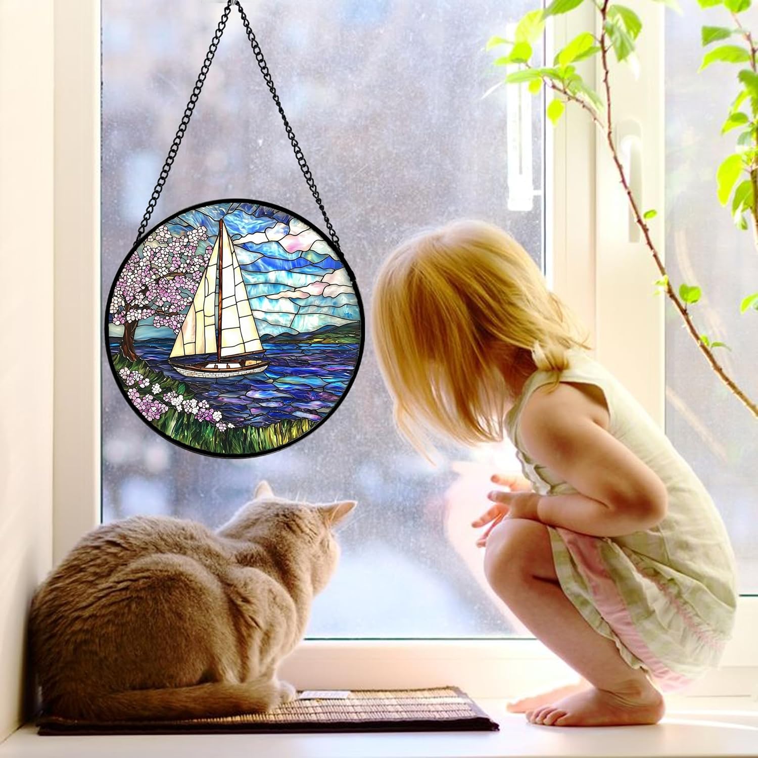 DASTOLL Stained Glass Window Hanging, Sakura Sailboat Suncatcher Diamond Glass Panel Hangings Landscape Sun Catchers Decor for Birthday for Women, Men, Wife, Aunt, and Mom 11.8x11.8 in