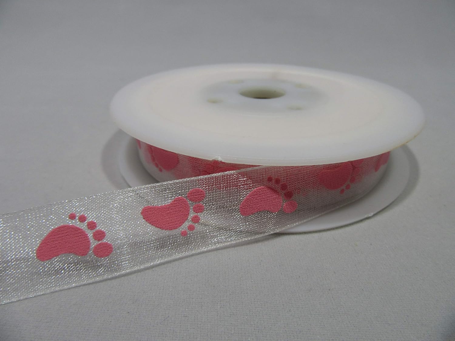 2 metres x 15mm Organza Ribbon White with Pink Baby Feet 15 mm 1.5cm