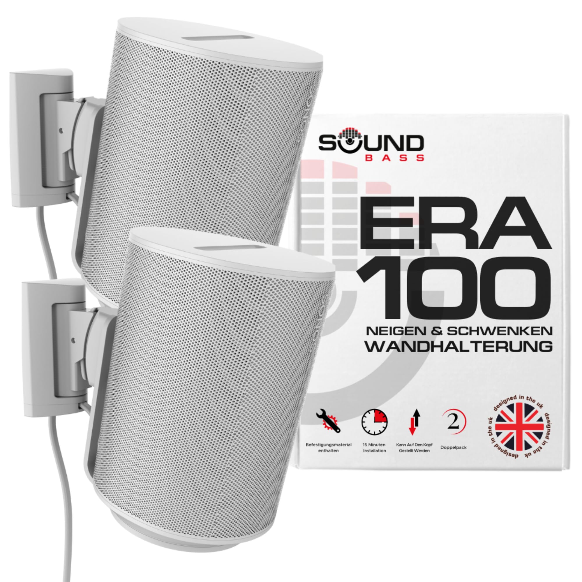 Sound bass ERA100 Wall Mount Bracket, Tilt and Swivel, White, Twin (2pcs), Compatible with Sonos ERA 100, Effortless Installation, Includes Mounting Kit, Double, Pair