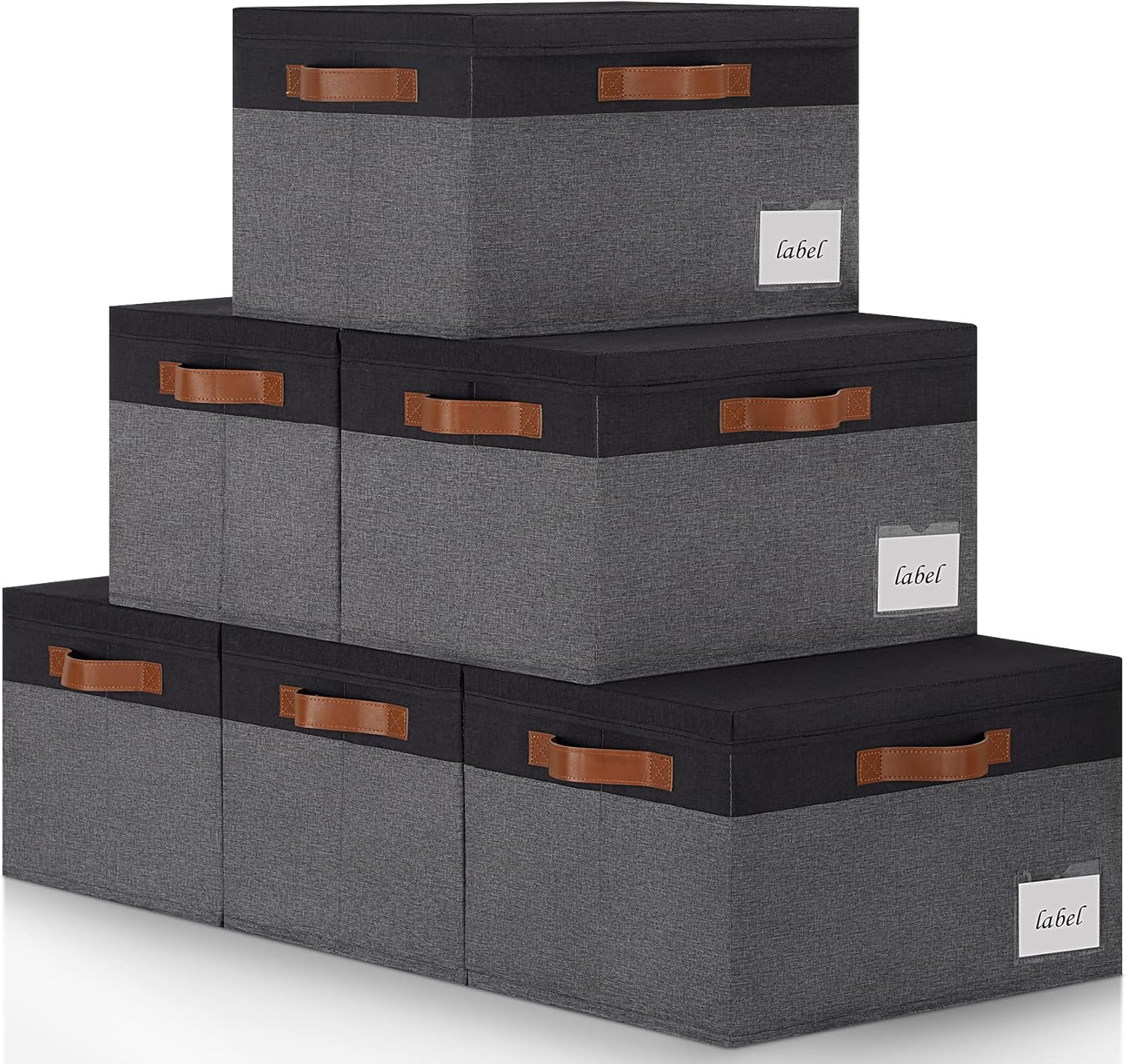 Large Storage Bins with Lids, Foldable Fabric Storage Baskets with Lids, Sturdy Storage Boxes with Labels and 3 PU Handles for Closet Home Bedroom Office (26L, Grey&Black)