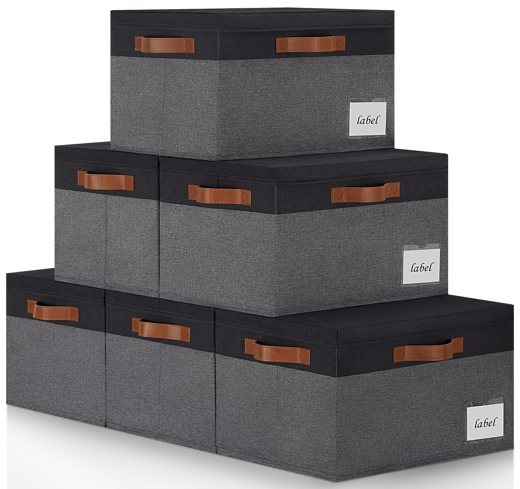 Contenedores de almacenamiento con tapas (paquete de 6), cajas de almacenamiento plegables de tela con tapas, cestas de almacenamiento para estantes con 3 asas y etiquetas, cesta de