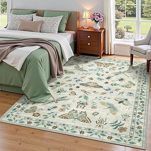 Miniatura 8 de Alfombra floral para sala de estar, 5 x 8 pies, color marfil, suave, lavable, bohemia, para dormitorio, estética, resistente a las manchas,