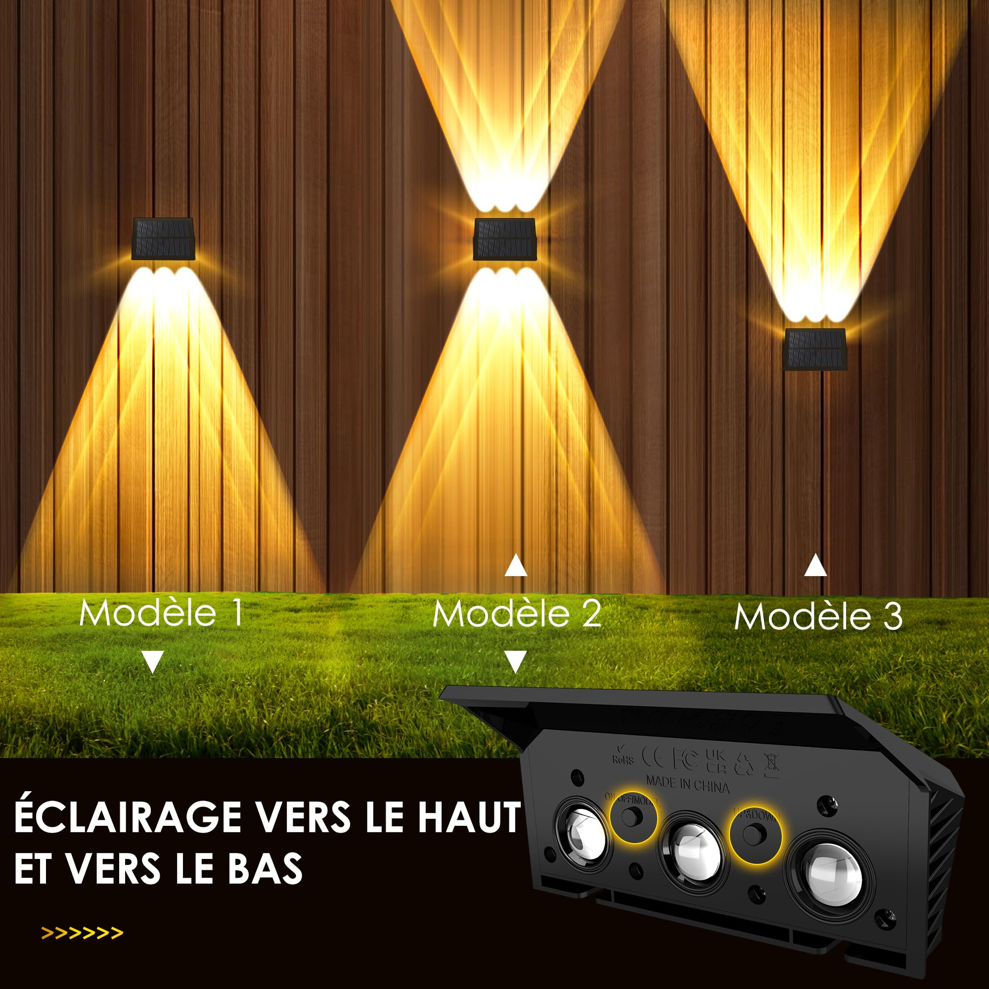 Applique Murale Exterieur Solaire Haut & Bas Lampe Solaire Exterieur Puissante Blanc Chaud LED Eclairage Exterieur Solaire Étanche IP67 Sans fil pour Clôture Jardin 6 Articles