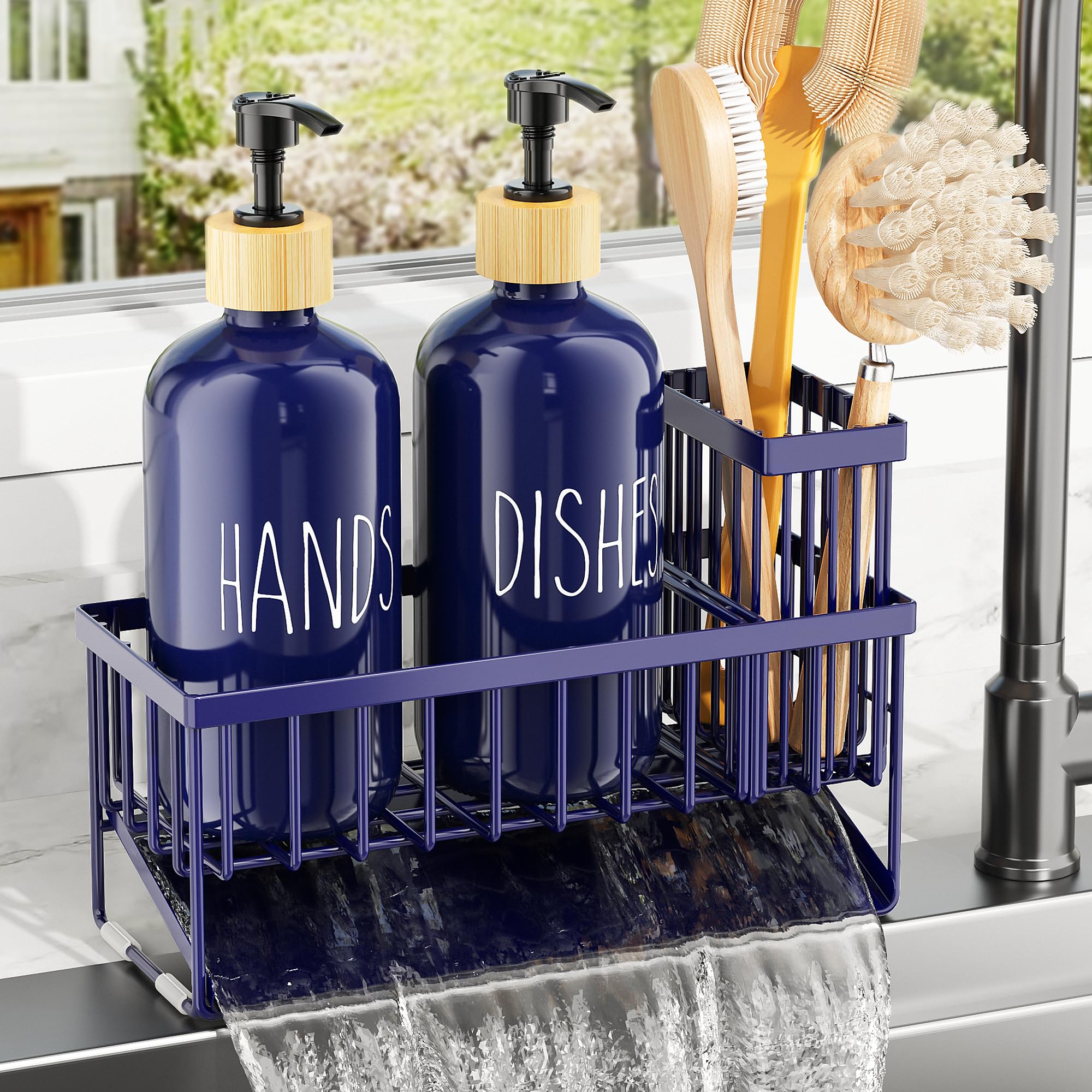 Cisily Kitchen Dish Soap Dispenser Set with 2 Pack 16.9oz Amber Glass Bottle and Sponge Holder, Dish Soap Dispensers with Adjustable Sponge Holder, Vintage Hand and Dish Soap Dispensers Set