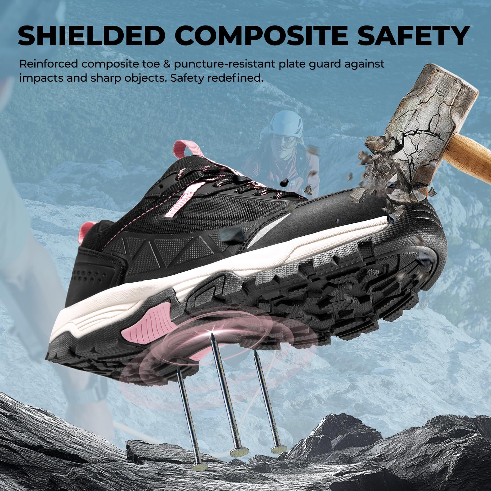 SPIEZ Zapatos de Seguridad para Mujer Ligeros - Zapatos de Trabajo con Punta Compuesta Transpirable, Resistente al Desgaste Zapatos de Senderismo para Exteriores, Negro Rosa EU35-41