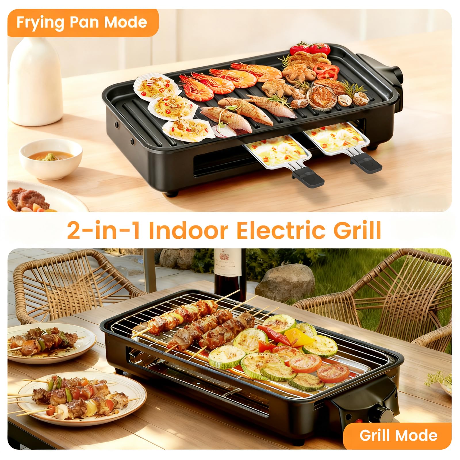 Condition photo showing New/Like New for electric indoor grill 1700w - yohawjan 2 in 1 smokeless indoor grill pan for kitchen with grilling net & non-stick removable griddle plate, temperature control korean bbq grill with 3 cheese pan