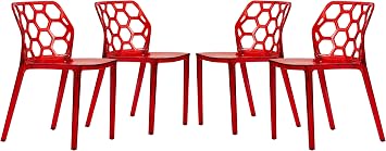 LeisureMod Dynamic Clear Acrylic Dining Chair Set of 4 - Transparent Lucite Side Chair with Honeycomb Cutout, Stackable, Modern Kitchen Chairs, Fully Assembled, Non-Marking Feet, Transparent Red