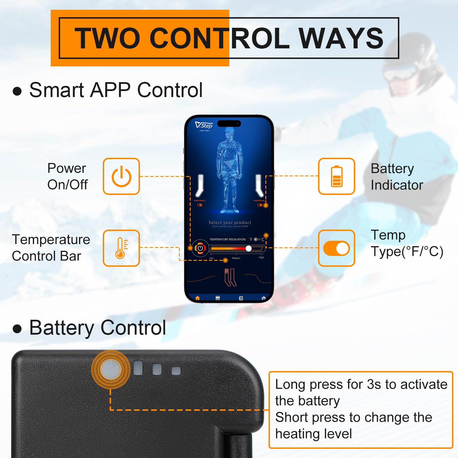 V.Step Heated Socks for Men Women Rechargeable, Wool Heated Socks App Control Battery Foot Warmers Electric Socks for Ski Hunting Motorcycle L