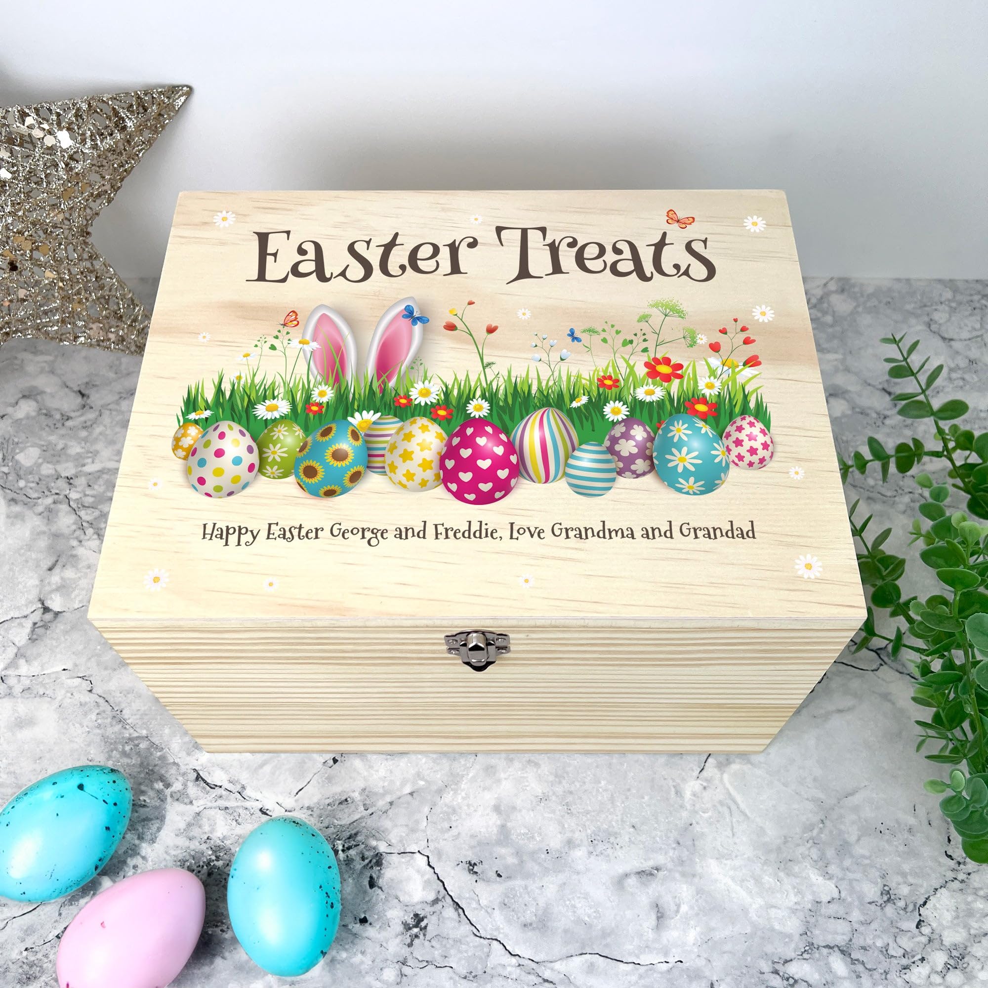 Caja de cesta de madera de Pascua colorida personalizable, nombre personalizado, regalo de Pascua, cesta de Pascua, golosinas de Pascua, Pascua para niños, Pascua familiar, decoración de Pascua, caza