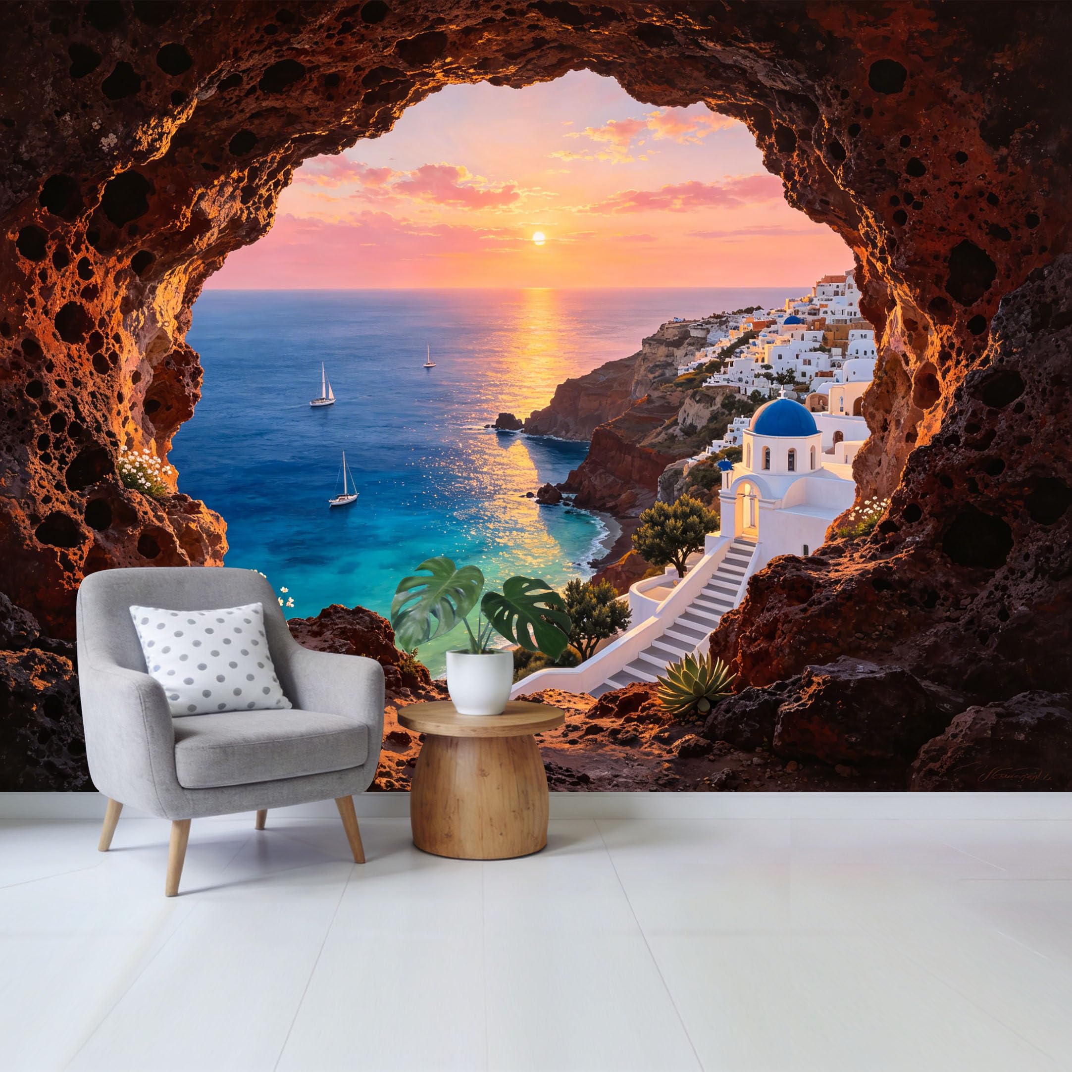 Custom Size Wall Mural Coastal Sunset Ocean View from Cave Greek Island Architecture with Sailboats Removable Self Adhesive Fabric Home Wall Decor for Living Room Bedroom Bathroom