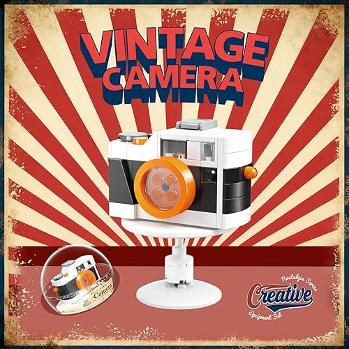 Miniatura 5 de JAKI Juego de bloques de construcción de la serie retro clásica con cubierta antipolvo, incluye cámara retro, máquina de escribir, televisión,