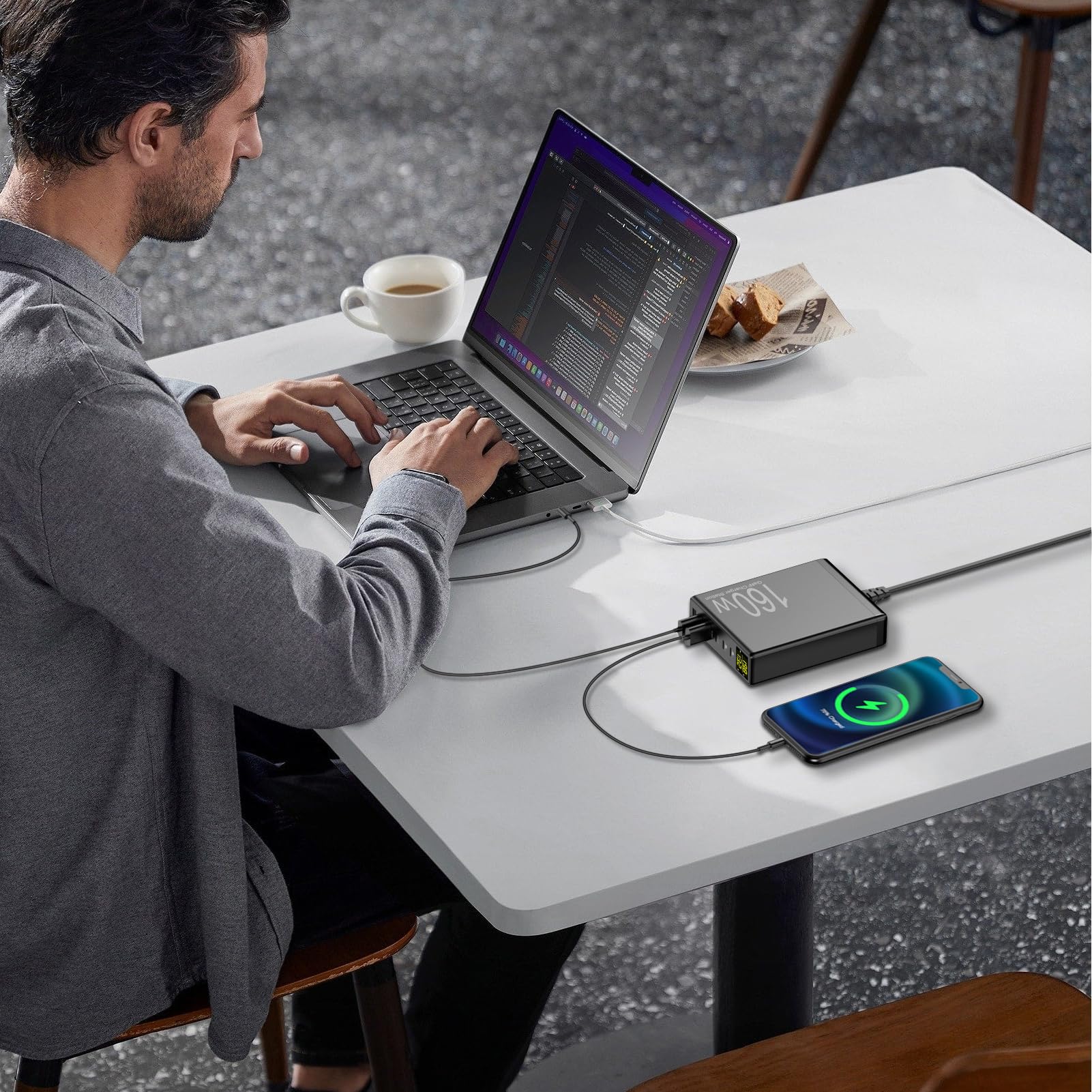 Ładowarka USB C, 160 W GaN 6-portowa stacja szybkiego ładowania z wyświetlaczem LED, zasilacz wieloportowy, pasuje do MacBook, iPada, iPhone 15/14/13/Pro/Max, Samsung, tabletu PC