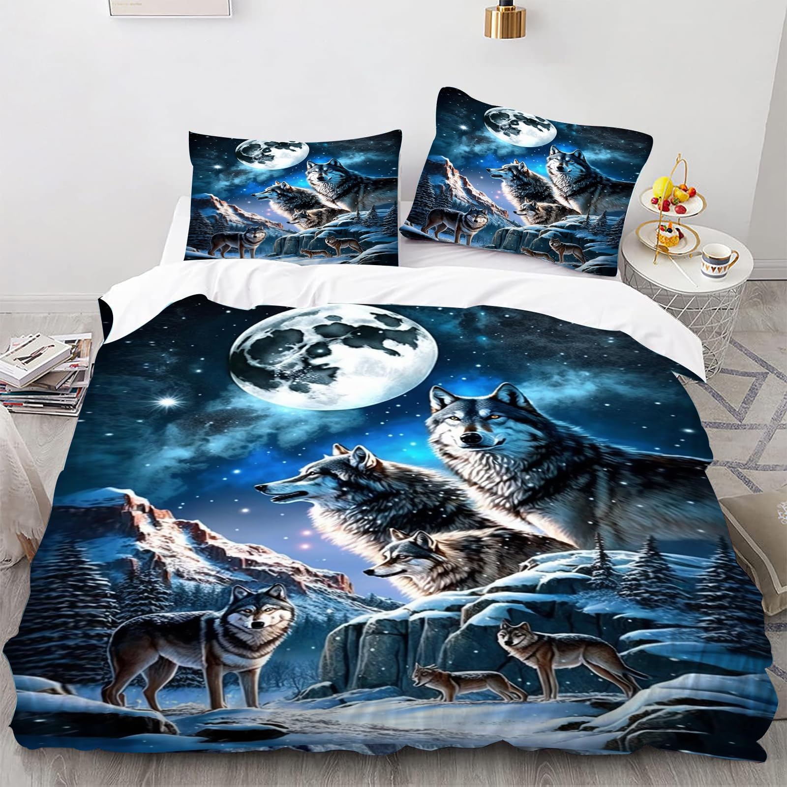 Smchwbc 3 Wolf Bed Linen 135 X 200 Cm Children's Animal D Wolf Duvet Cover Set For Teenagers, Wolf Bed Linen Set -Piece Black Blue With Zip (200 X 200 Cm, )