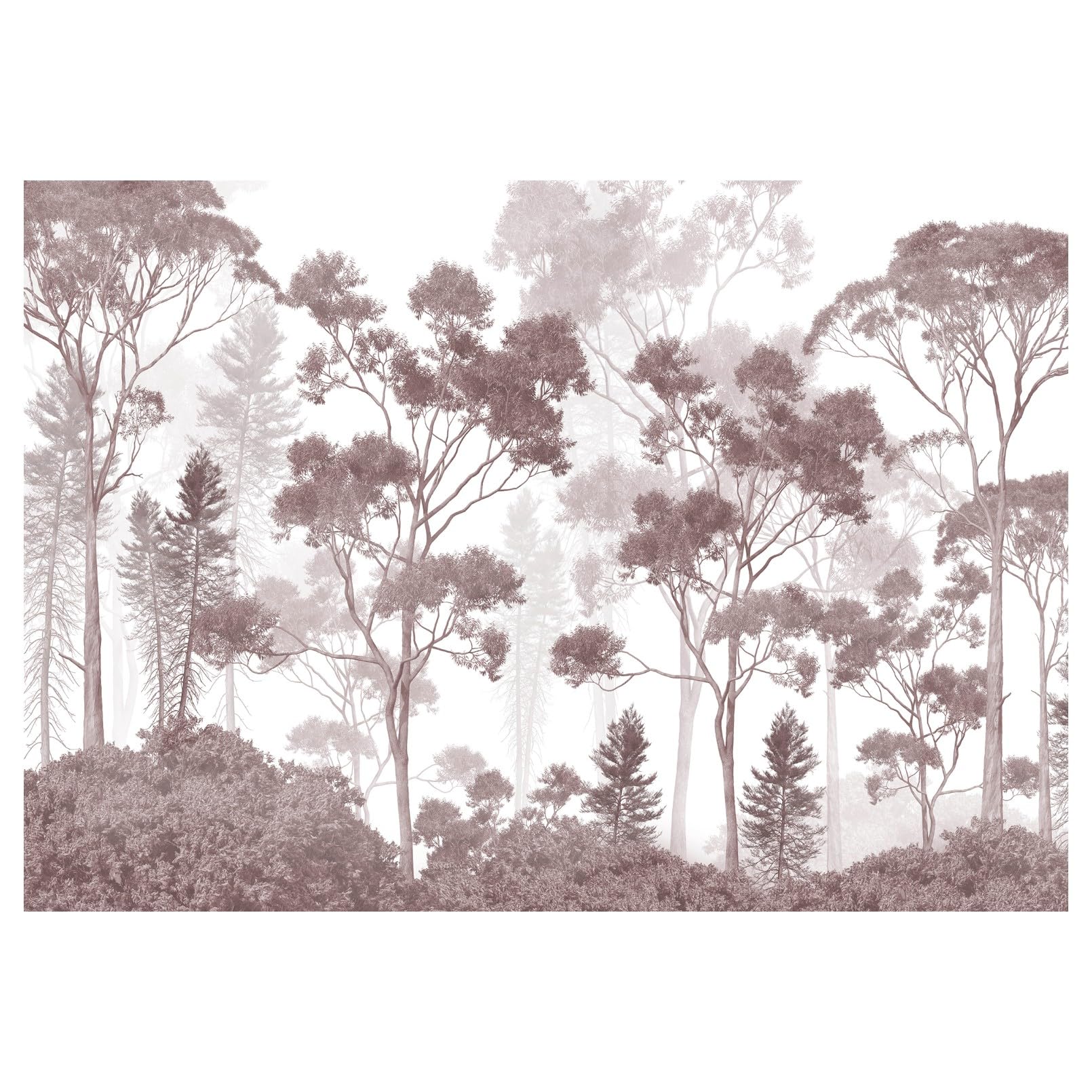 Fototapeta samoprzylepna z lasem mgiełkowym drzewami nowoczesny róż | Folia samoprzylepna Japandi krajobraz skandynawski elegancki naturalny fototapeta do salonu sypialni biura 350x250 cm