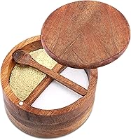Vista 6 de Cuenco de Madera de Acacia para Sal y Pimienta, Salero de Madera Natural y Caja de Almacenamiento de Especias con Cuchara Incorporada y Tapa