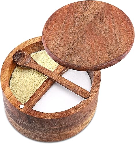 Cuenco de madera de acacia para sal y pimienta, bodega de sal y especias de madera natural, caja de almacenamiento con cuchara integrada y tapa