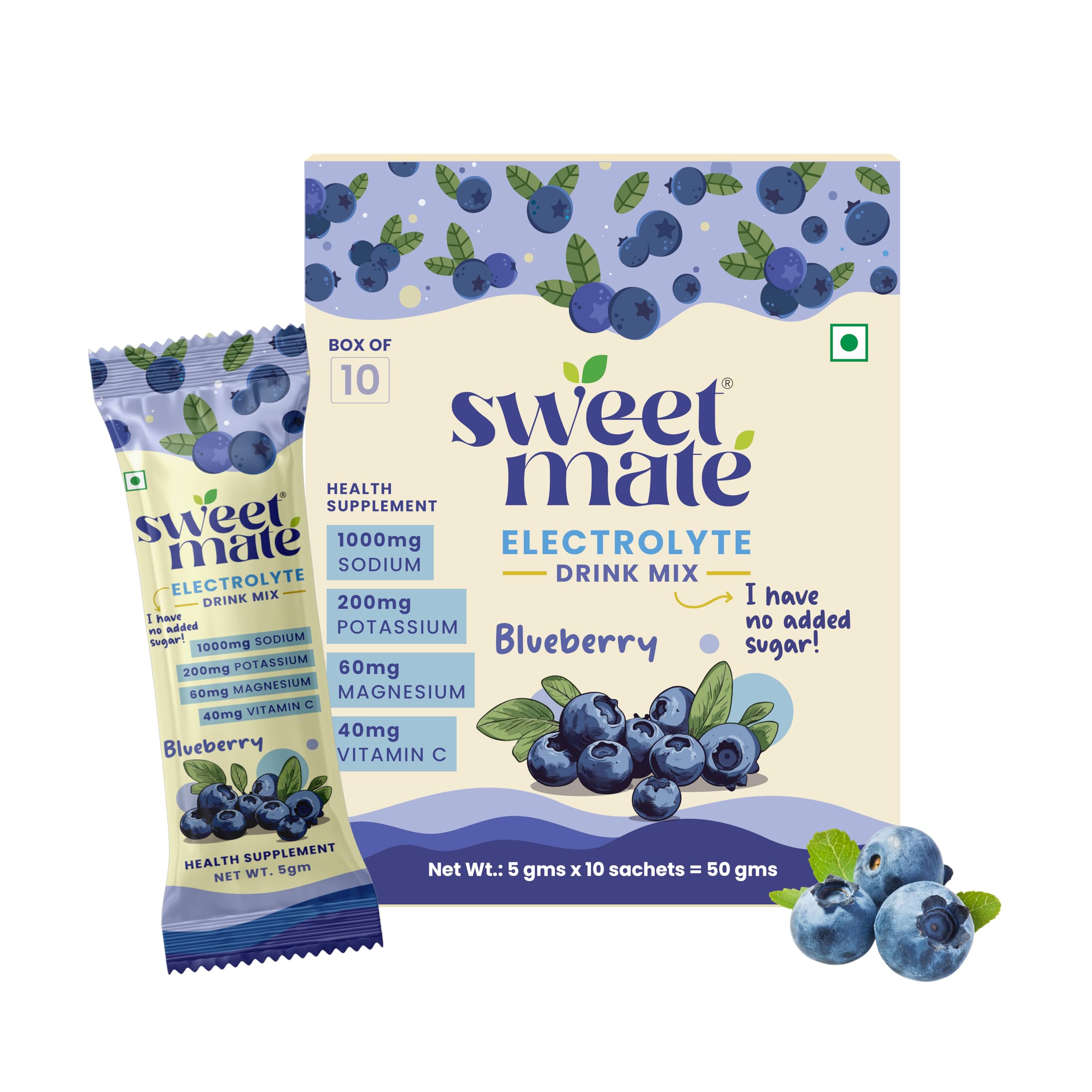 Sweetmate Electrolyte Drink | Blueberry | 10 Sachets | Clean Hydration Formula | Sugar-Free | With Electrolytes for Post-Workout & Daily Use