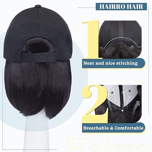 Miniatura 4 de Hairro Peluca de cabello con extensión de cabello, gorra de béisbol con cabello adjunto, peinado corto estilo Bob, gorra sintética ajustable,