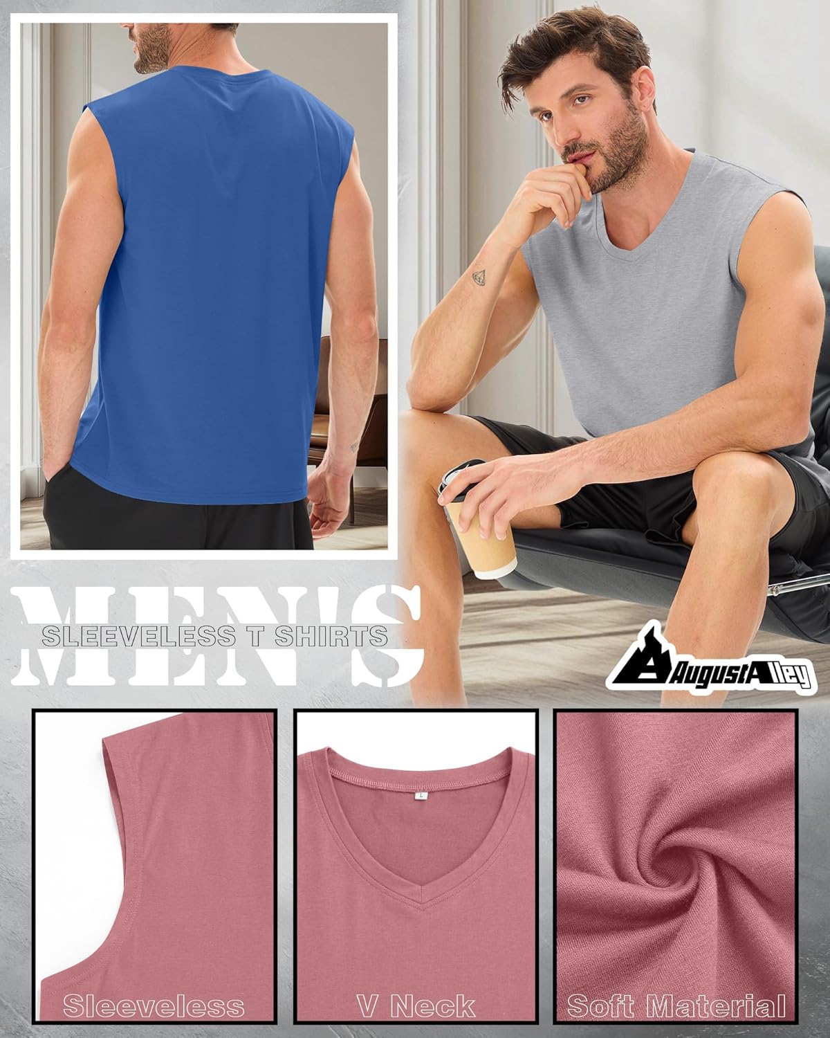 August Alley 4 Pack Mens Big and Tall Tank Tops V Neck Sleeveless T Shirts Cut Off Muscle Shirts Gym Workout Tee