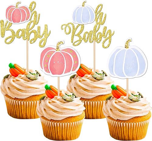 Paquete de 24 adornos para cupcakes de calabaza Oh Baby con purpurina de cosecha de otoño Oh Baby para Acción de Gracias, revelación de género para