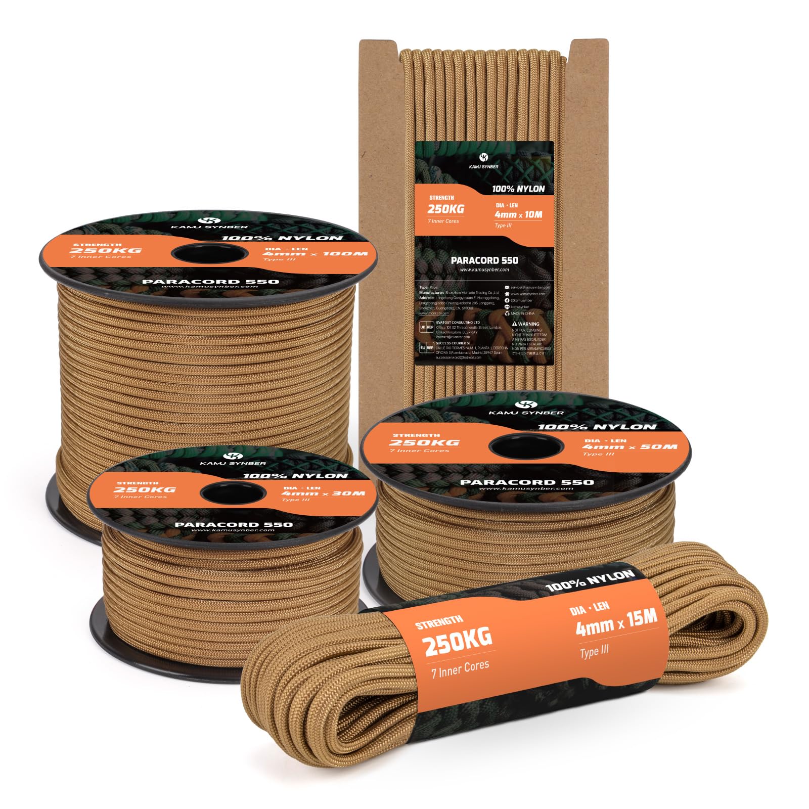 Kamu Synber 550 Paracord 4mm 15m Type III 7 Strands 100% Nylon Rope Parachute Cord Ideal for Crafting, DIY, Camping, Survival, Outdoor | Support 250kg | Coyote Brown