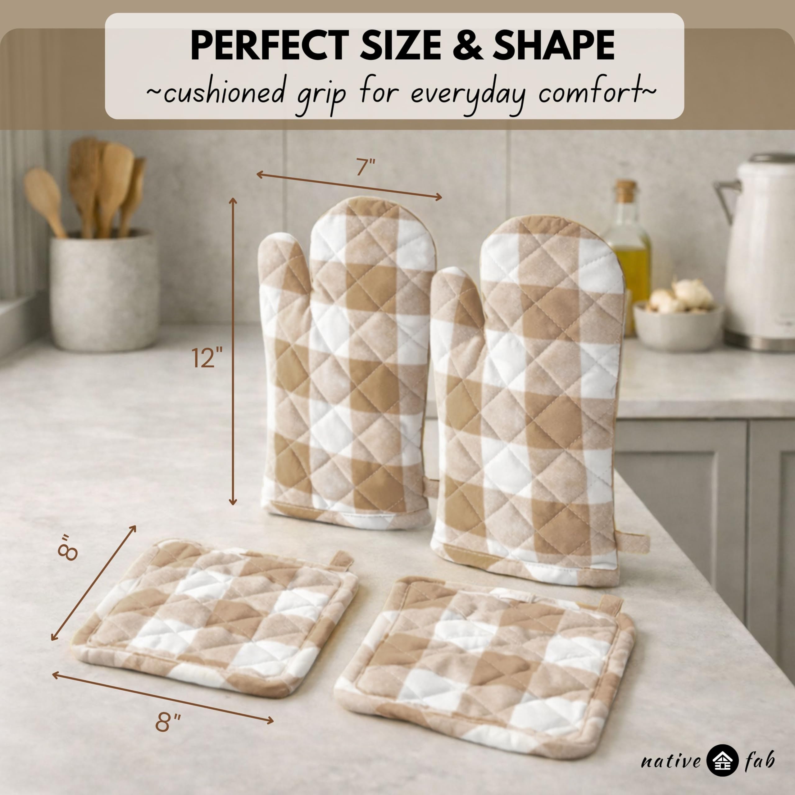 Native Fab Buffalo - Set di 4 guanti da forno e presine a quadri in 100% cotone, resistenti al calore, 2 guanti da forno (7 x 13), 2 presine (8 x 8) per cucinare e cuocere, beige bianco