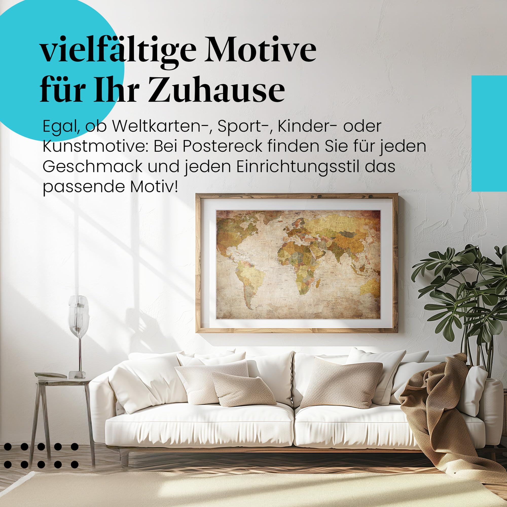 Postereck - 0459 - Vintage Weltkarte, Karte Bunt Länder Kontinente - Unterricht Klassenzimmer Schule Wandposter Fotoposter Bilder Wandbild Wandbilder - Leinwand - 100,0 cm x 75,0 cm