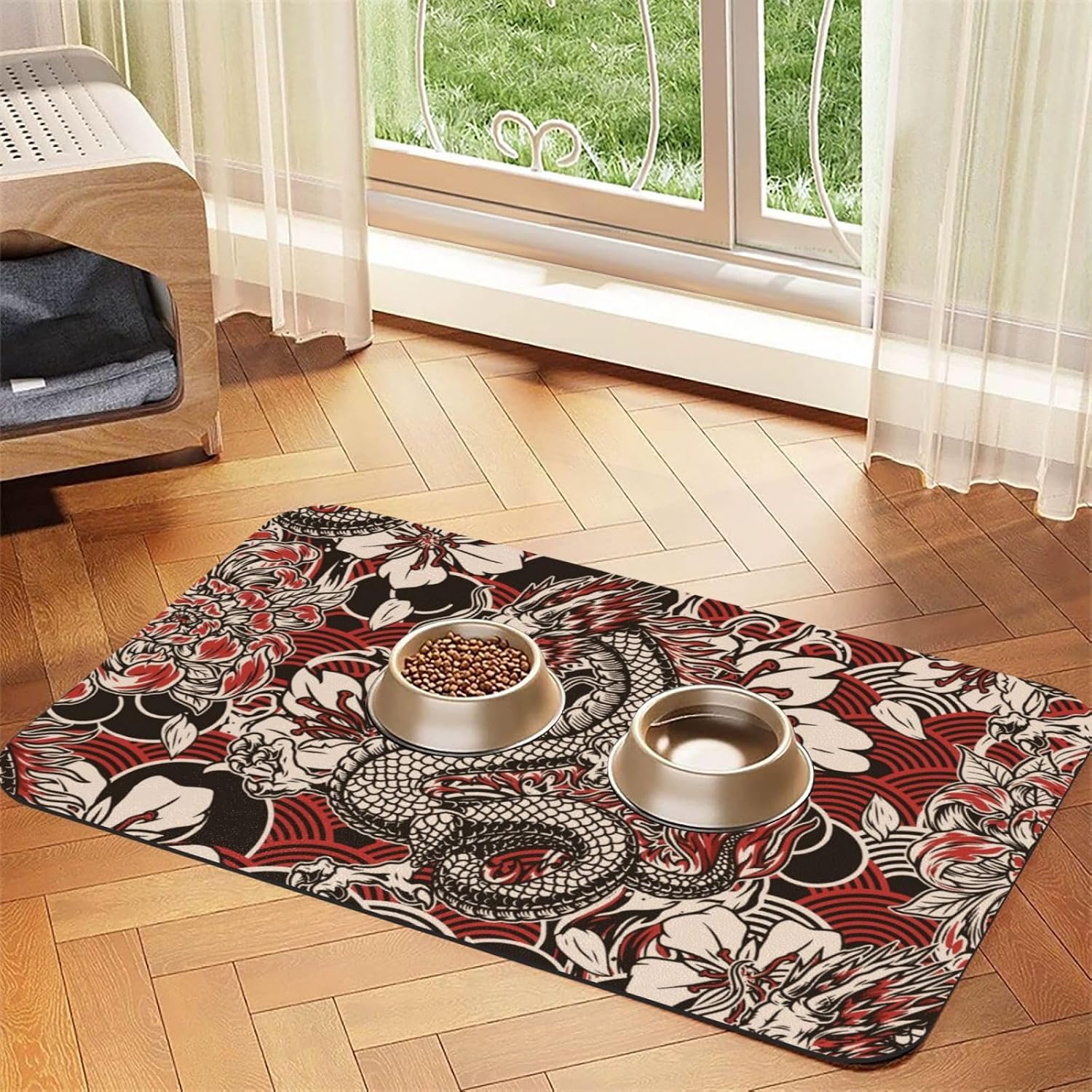 Cool Dragon Pattern Leather Absorbent Pet Feeding Mat Non-Slip for Dogs Cats 40x60cm