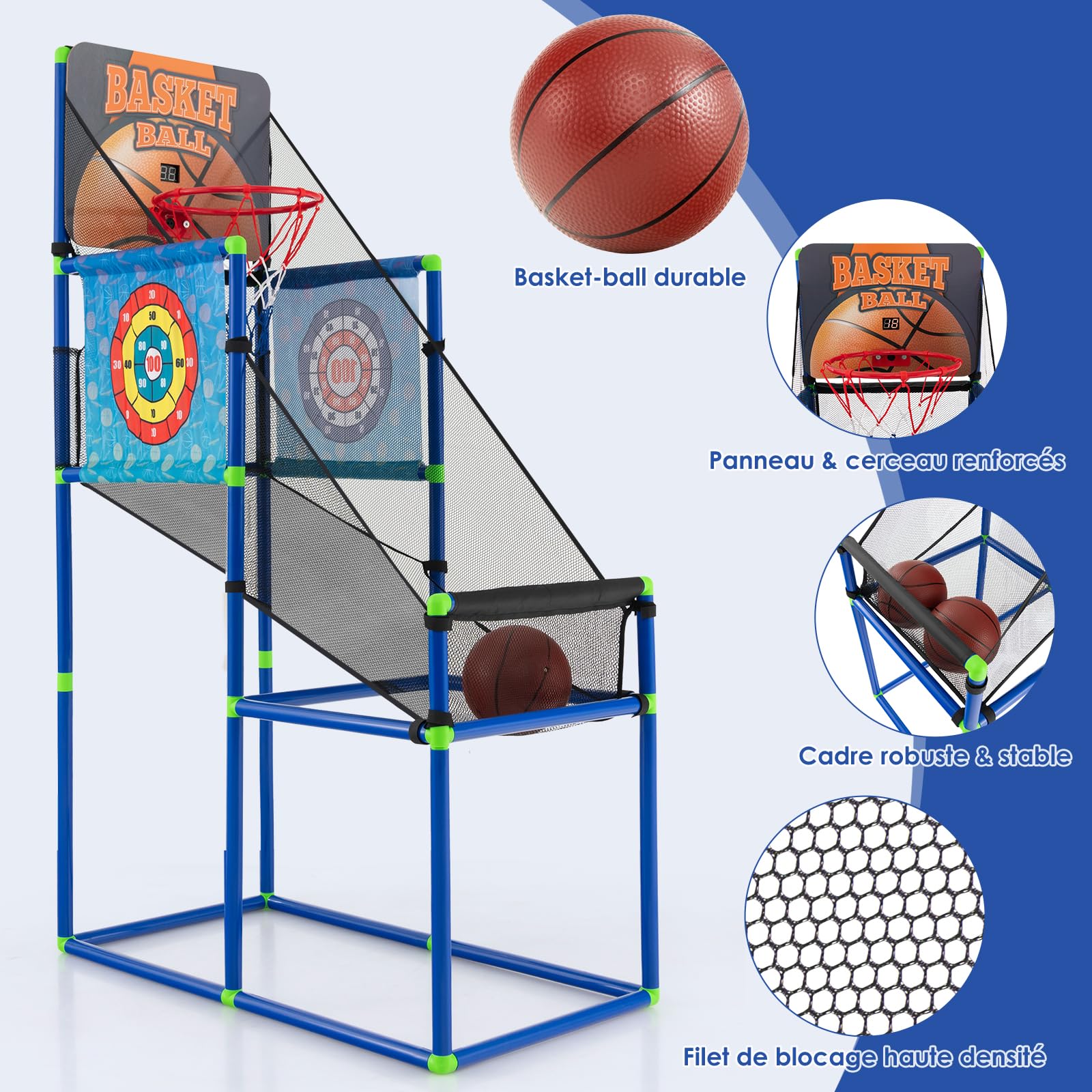 GYMAX Panier de Basket pour Enfants, Jeu de Basket et de Tir 2 en 1, avec Tableau de Score Sonore & 2 Ballons & 2 Cibles & 8 Balles & Pompe à Balle, pour Intérieur/Extérieur