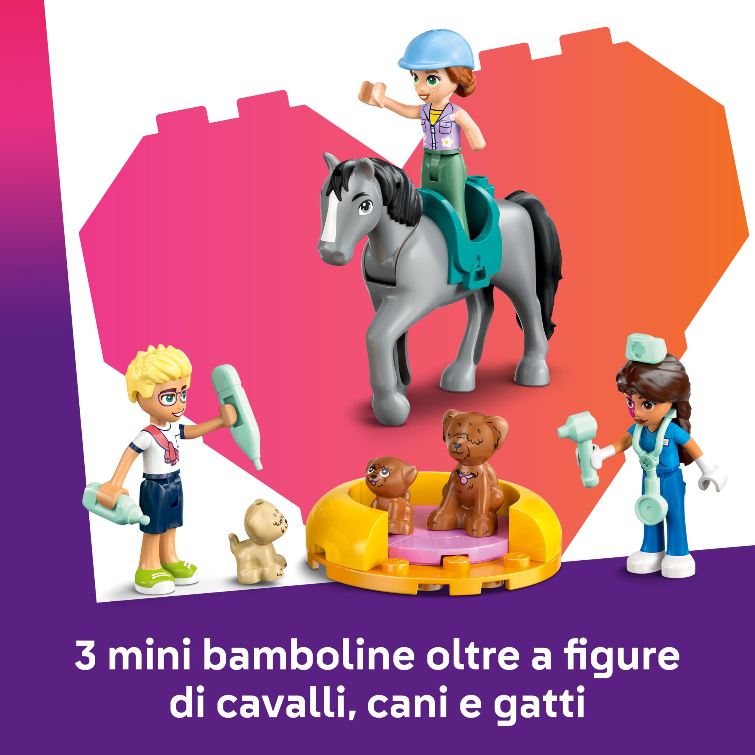 LEGO Friends Cavallo e Clinica Veterinaria Giocattolo per Animali Domestici - con Cavallo, Gatto, 3 Cani, 3 Mini Bamboline, Stalla e Accessori - Regalo di Compleanno per Bambine da 6 Anni - 42651