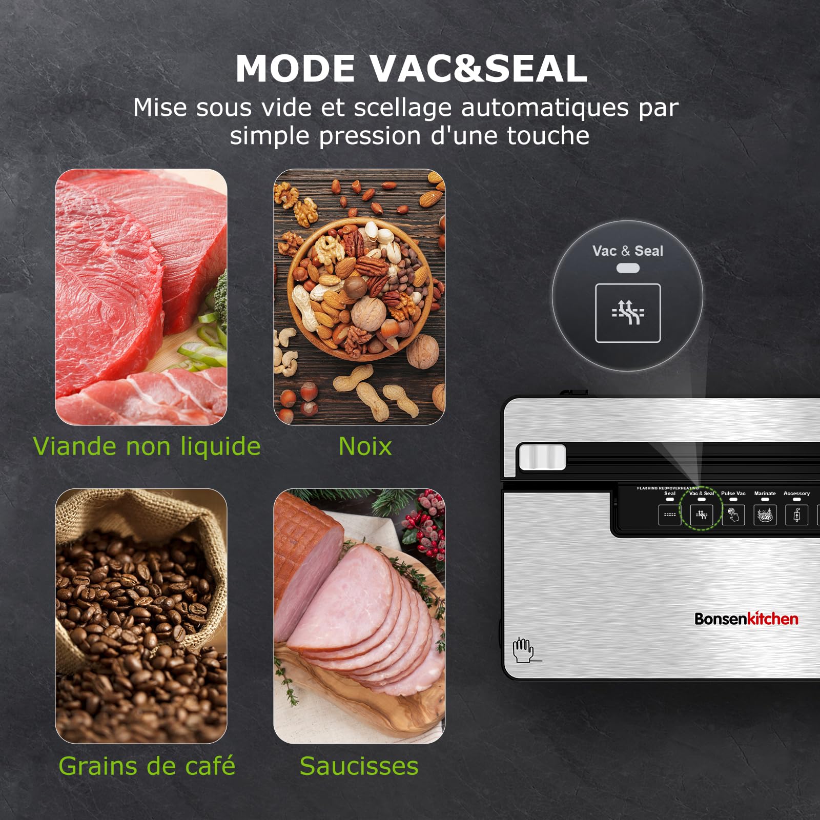 Bonsenkitchen Machine Sous Vide Alimentaire, Machine Sous Vide à 5 Modes-8 L/min, Technologie Globefish pour Un Travail en Continu à Grande Vitesse, Comprend 5 Sacs Sous Vide et 1 Sac en Rouleau