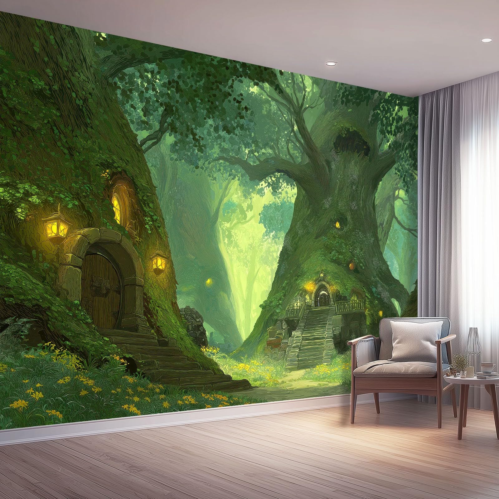 Papier peint fantasy féerique jaune et vert décor de chambre onirique