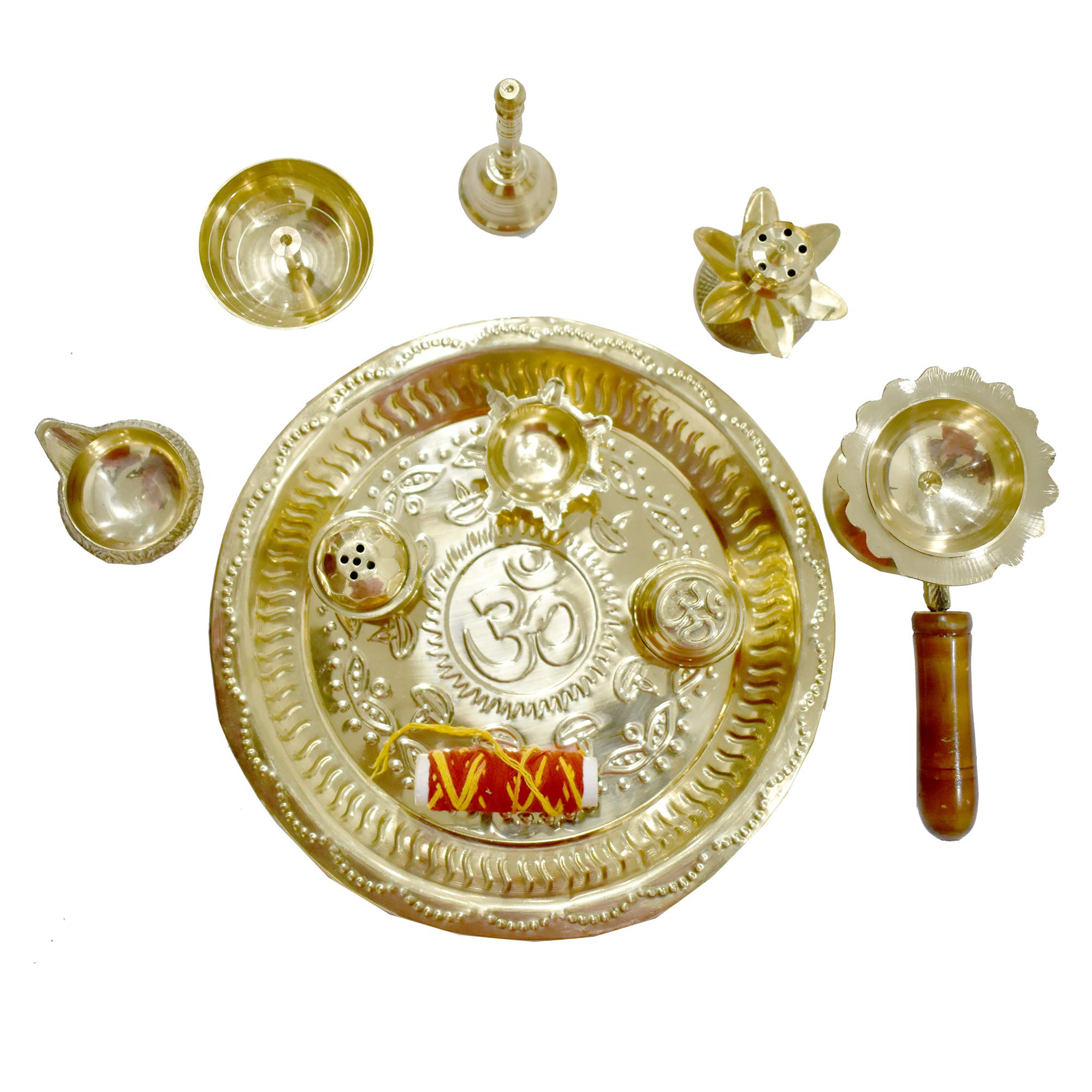 linenaffairs Brass Pooja Thali Set (9 x 9 x 2 cm, Gold) pooja thali set is finely crafted with perfection gold plated. These articles are coated with brass gold over the design