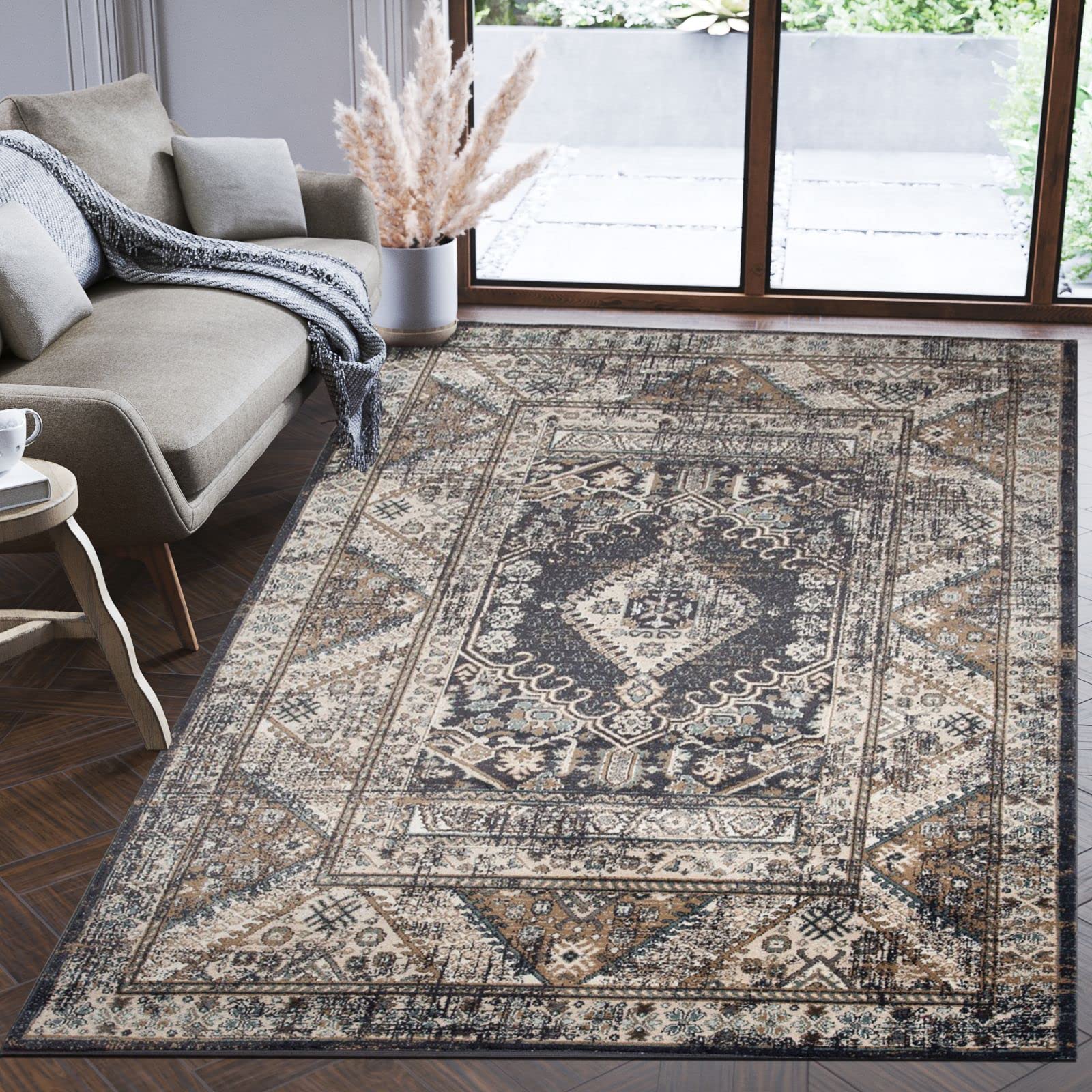 Mazovia Tappeto Salotto Moderno Pelo Corto - Tappeti Moderni Soggiorno - Tappeti Camera da Letto - Tappeti Salotto Grandi Dimesnioni - Motivo Orientale - Grigio Nero - 160x220 cm