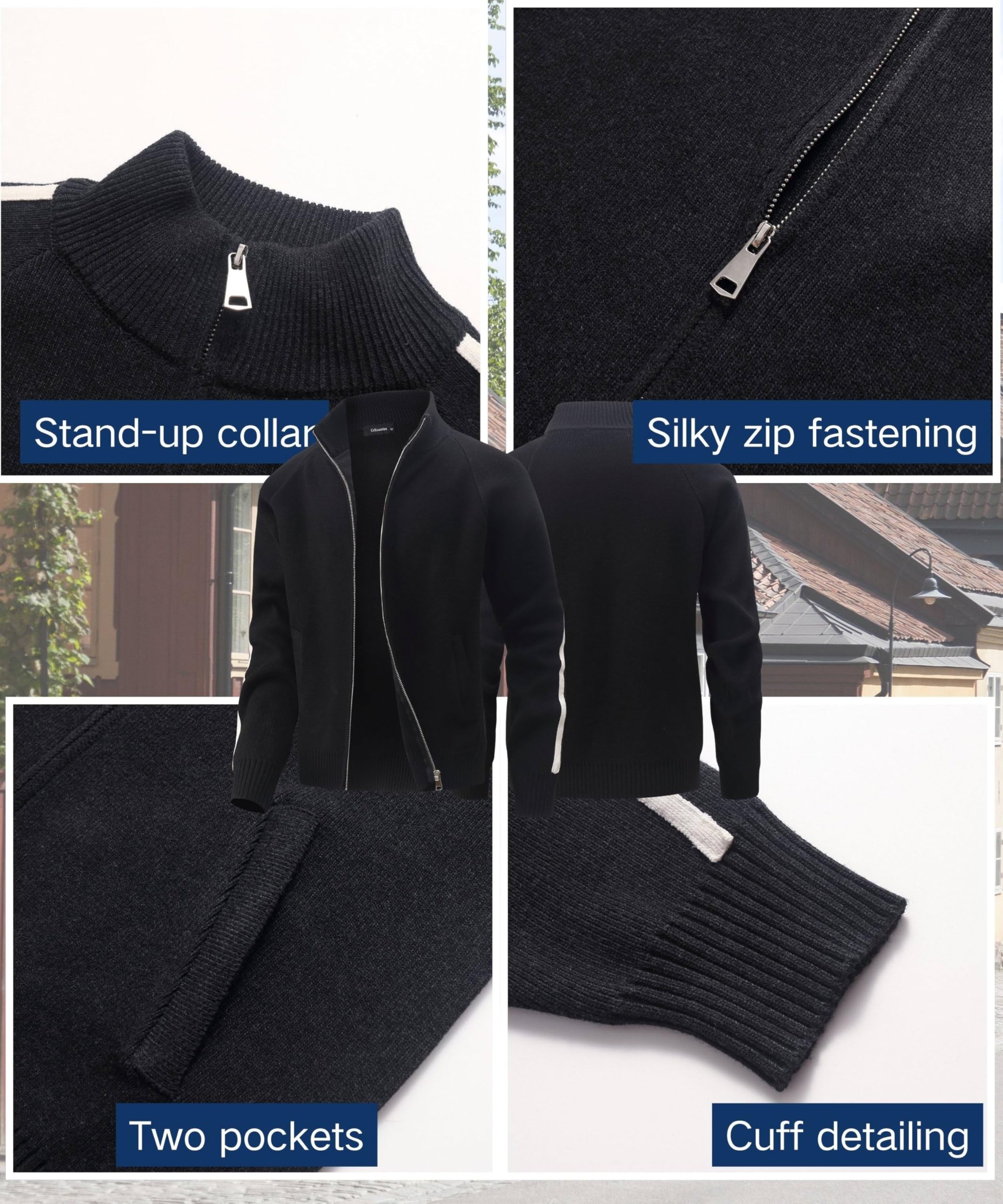 Herren Gestrickt Strickjacke Langarm Voller Reißverschluss Cardigan Stehkragen Warme Pullover Winter Sweatjacke mit Taschen