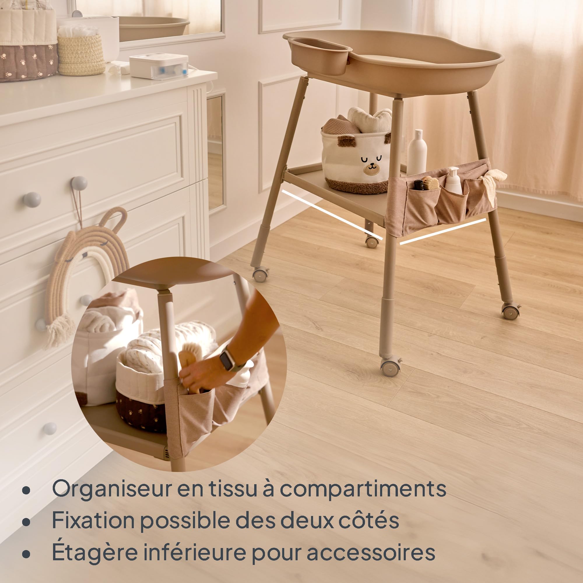 LIONELO Rosie table à langer bébé, mobile sur roulettes, matelas à langer imperméable, hauteur réglable, rangements pour accessoires, bol d’eau, étagère à couches