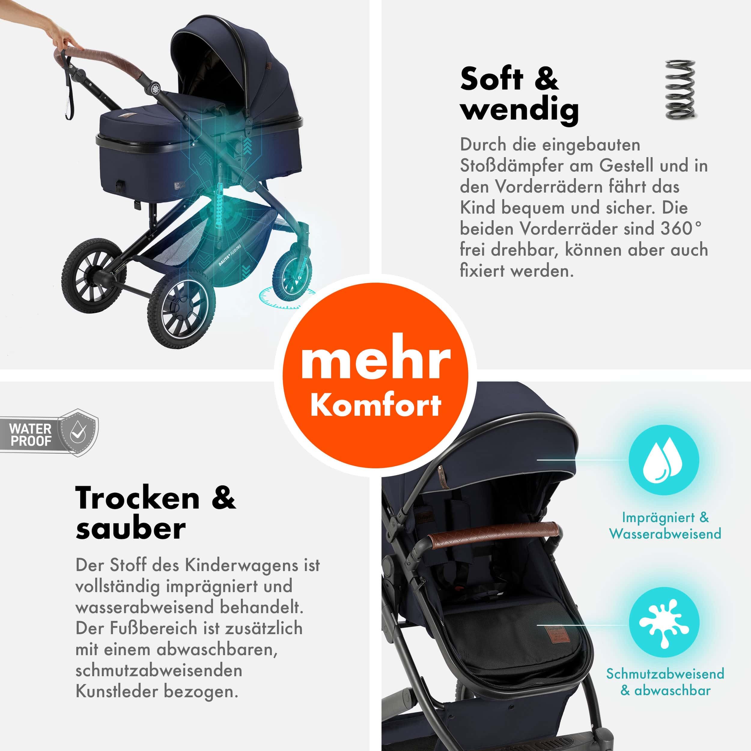 Daliya® FLEXI-PRO M 3in1 Kinderwagen & Buggy mit i-Size Babyschale, Viel Zubehör (Blau-Grau)