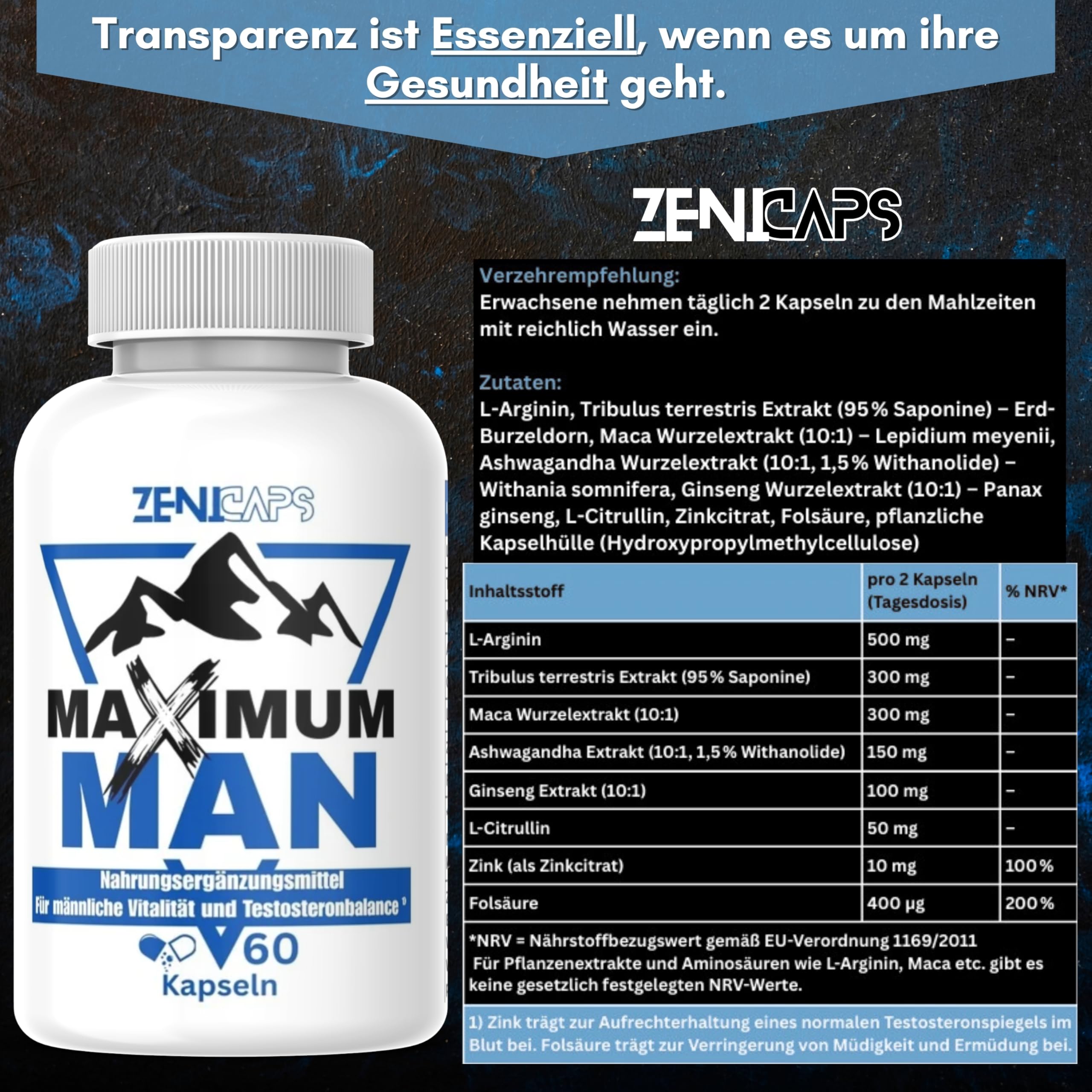 MAXIMUM MAN Original | Für aktive Männer – mit Zink für den Testosteronspiegel* | Einfache Anwendung | mit L-Arginin, Tribulus Terrestris, Maca, Ashwaganda