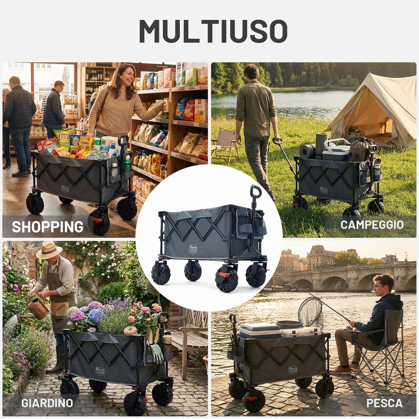 TIMBER RIDGE Carrello pieghevole XXL, 250 L, larghezza con freni, carico 150 kg, con portabevande per campeggio, shopping, giardino