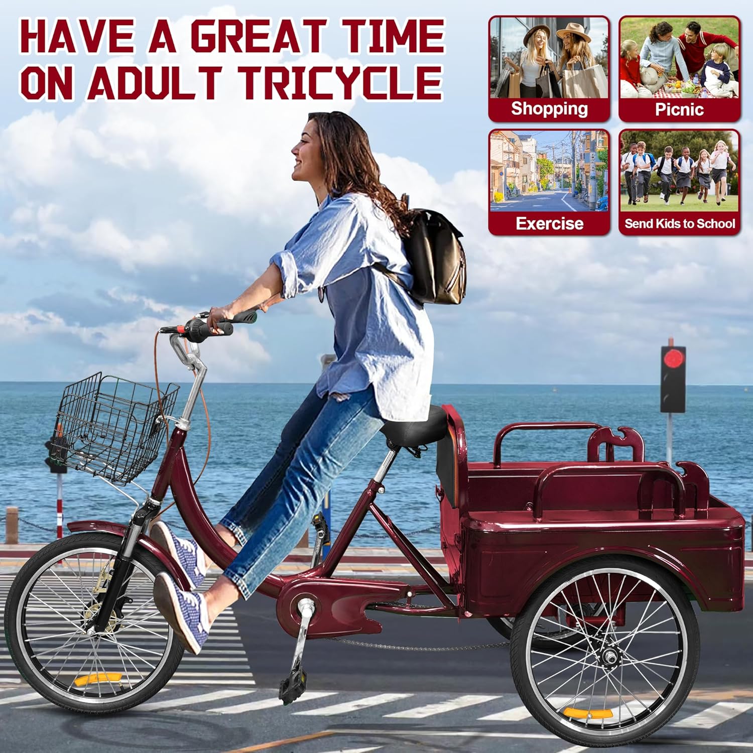 MOOITZ Adult Tricycle, 20 Inch 3-Wheel Bikes Carrying Passengers and Cargo, Trike for Adults with Front Baskets for Women, Seniors, Men, Low Step-Through Cruiser Bike for Cycling, Outing, Picnic