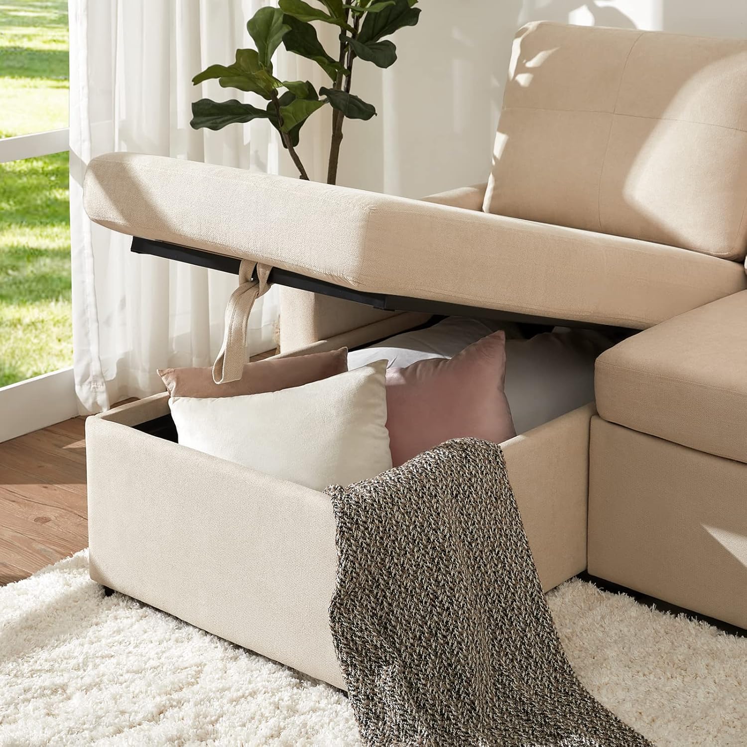 Open storage compartment in the chaise of the VanAcc Sleeper Sofa