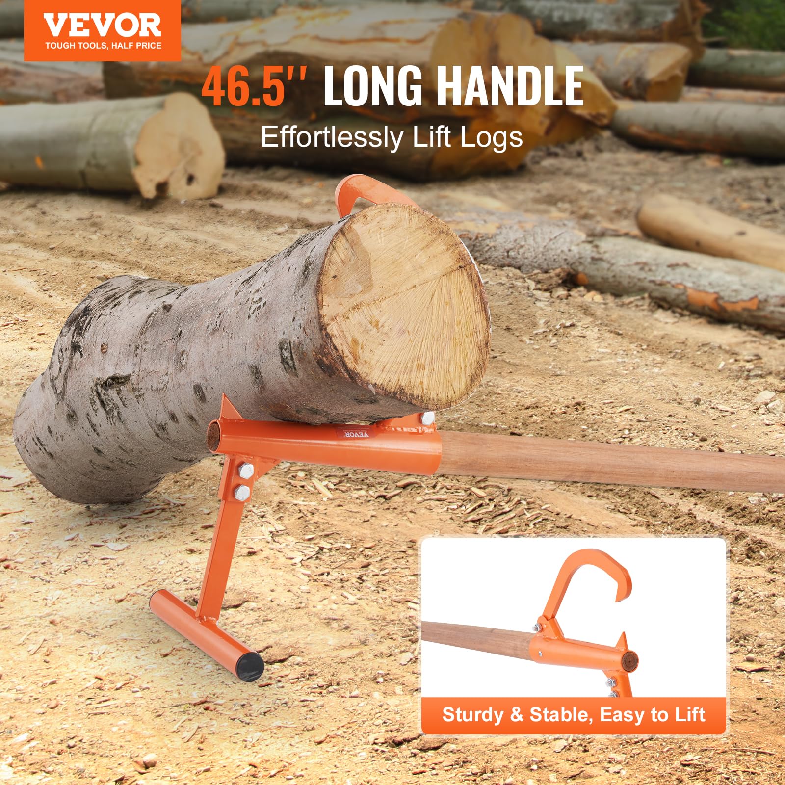 VEVOR Elevador de Troncos Resistente Mango de Madera de 1180 mm Gato para Troncos con Gancho de Inclinación Ajustable para Troncos de Diámetro de hasta 38 cm Gato para Enrollar, Levantar Troncos