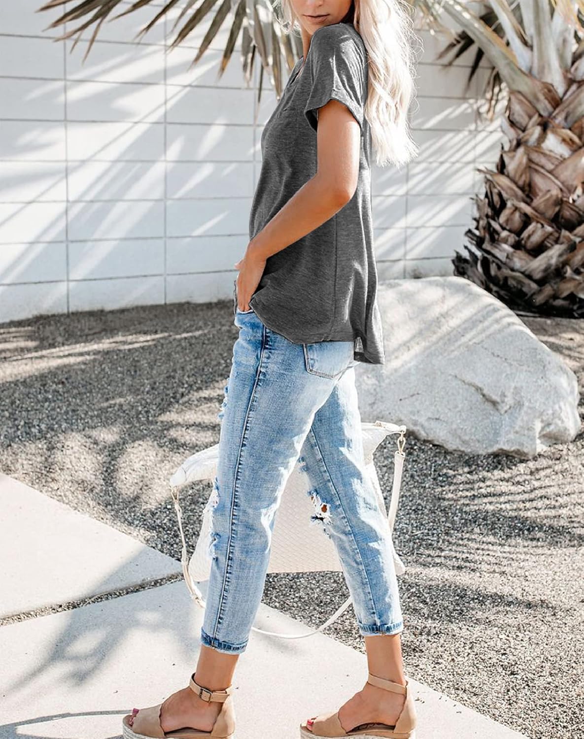 Bingerlily Women's Roll Up Short Sleeve T Shirts Crew Neck Tops Loose Causal Tees with Pocket - Image 2