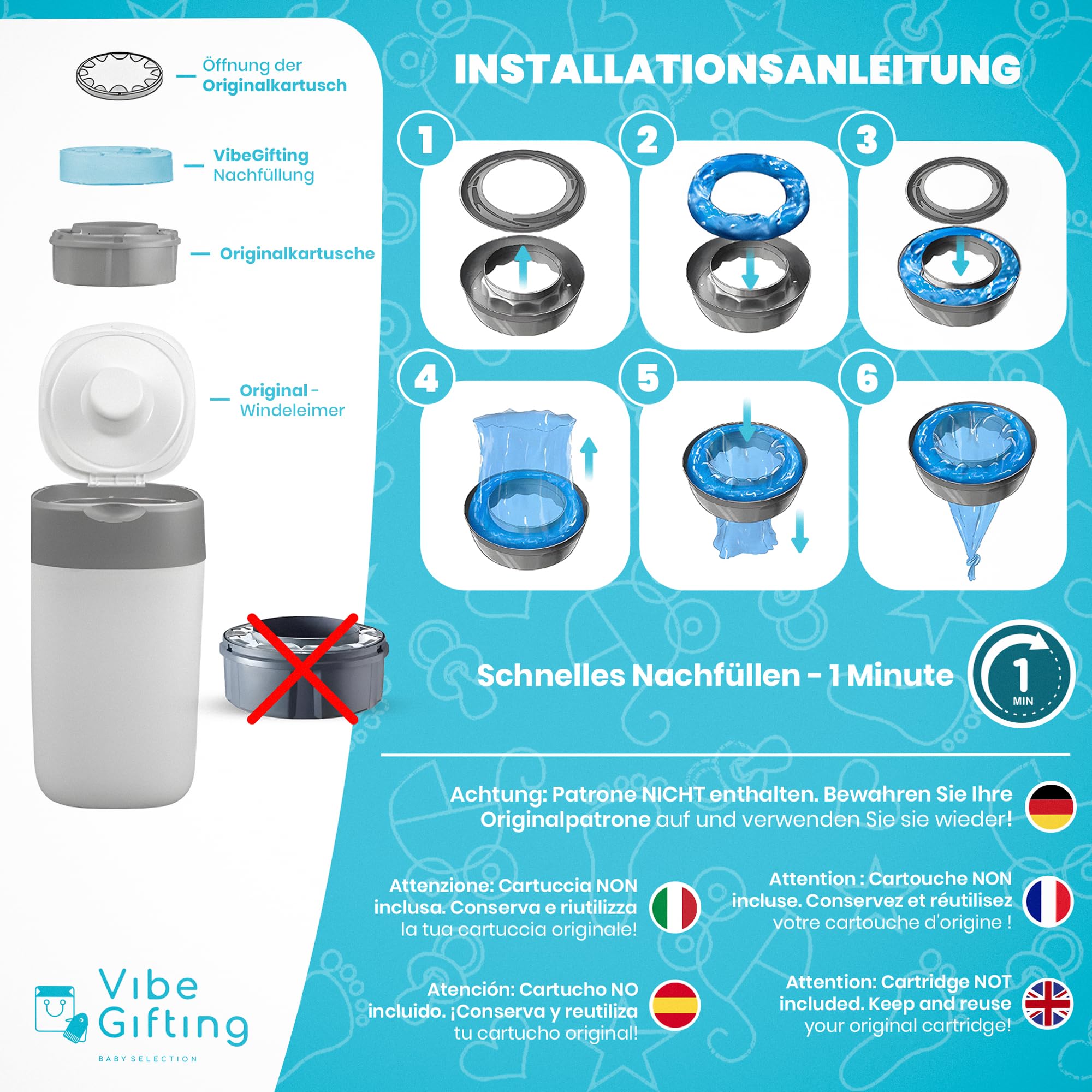 VibeGifting® XXL-Familienpackung – 9 windeleimer nachfüllfolie à 10 m, kompatibel mit Tommee Tippee Nachfüllkassette, Universell, Duftend, Geruchsneutralisierend, BPA-frei, 100% Recycelt