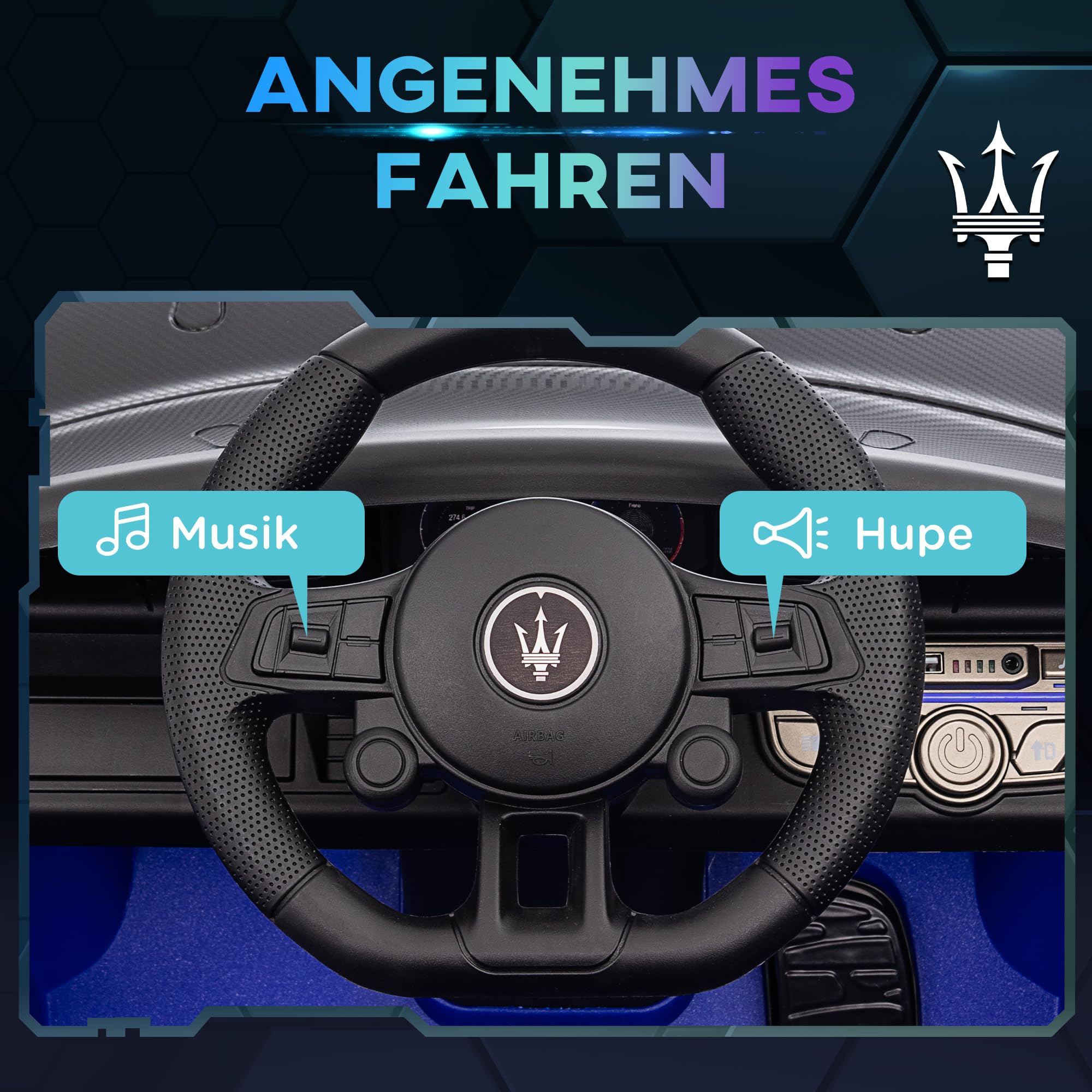 AIYAPLAY Kinder Elektroauto Maserati GT2 12V Doppelmotor 3-5 Jahre Blau | 2,4GHz Fernbedienung, Musik, Hupe, 4 Stoßdämpfende Räder, Lichten, Stützräder, 3-5 km/h, Elektro Kinderauto