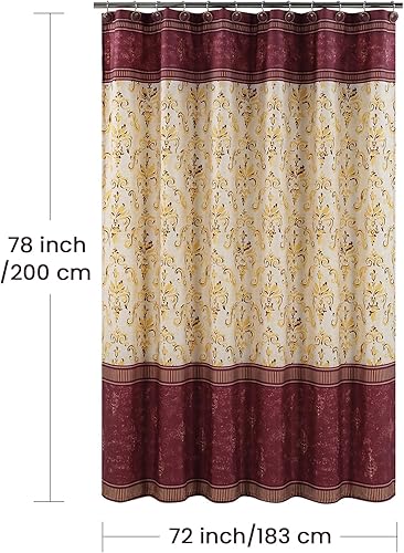 Miniatura 7 de Cortina de ducha larga de tela, cortinas de ducha con estampado de damasco de cachemira de vino y amarillo dorado, cortinas de baño impermeables, 72
