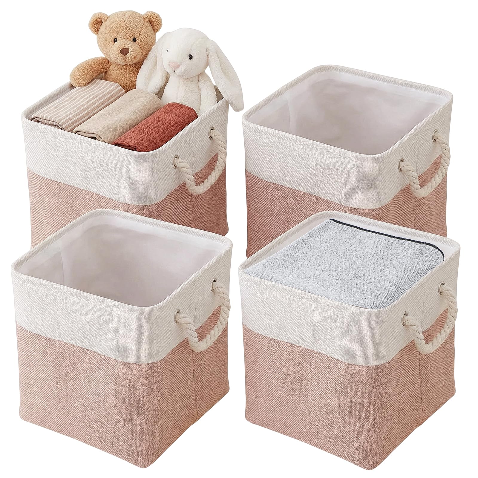 Fabric Storage Box [4-Pack], Foldable Storage Baskets for Organizing Toys, Books, Shelves, Closet, Large Storage Box with Rope Handles, Sturdy Organizer Bins, Office Supplies and Other Sundries, Pink