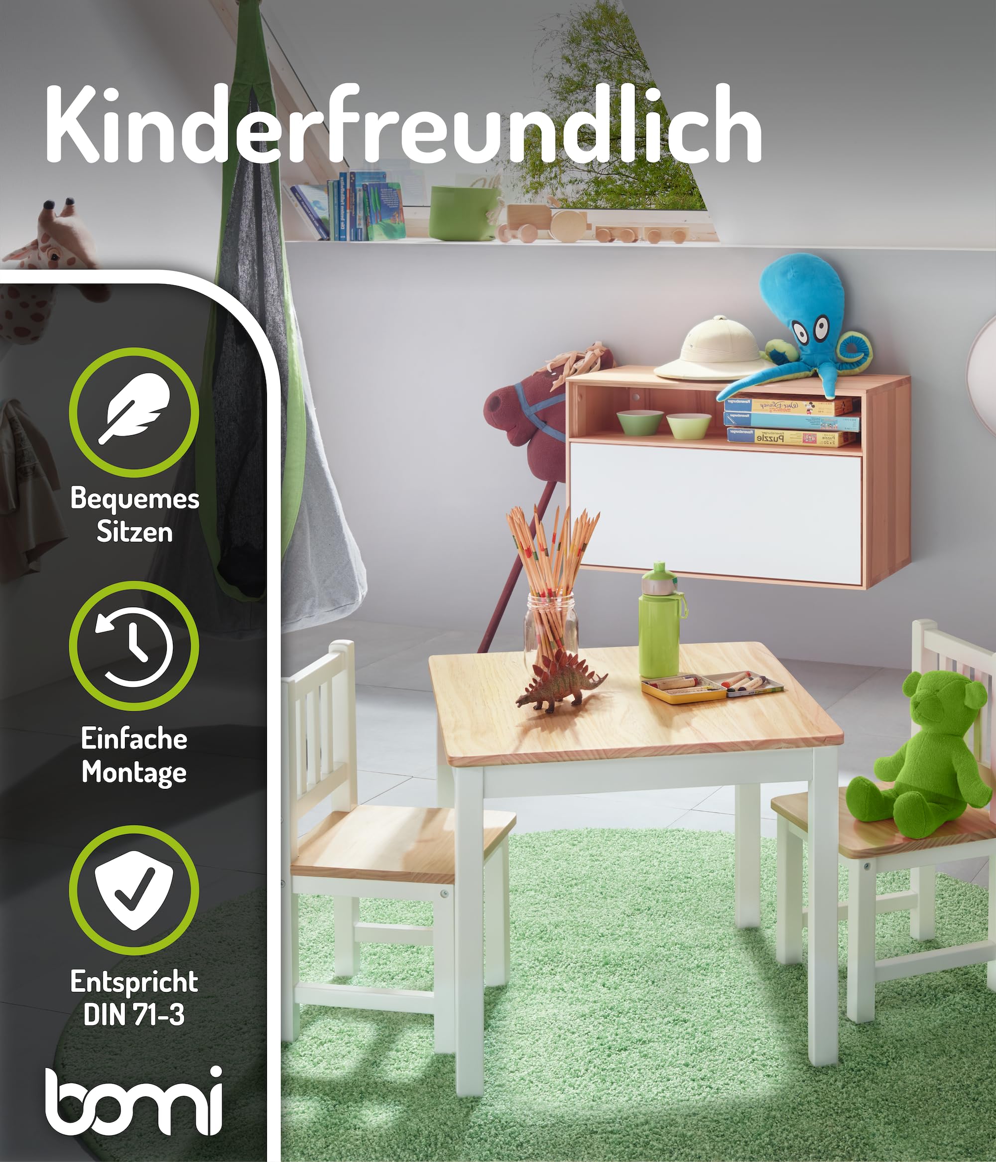 Bomi Kindersitzgruppe Holz Amy | Kindertisch mit 2 Stühlen | Tisch & Stühle Kinderzimmer Set | Spieltisch ab 1 Jahr | Kindertisch für drinnen | Maltisch & Basteltisch Kinder | Kindermöbel Weiß Natur