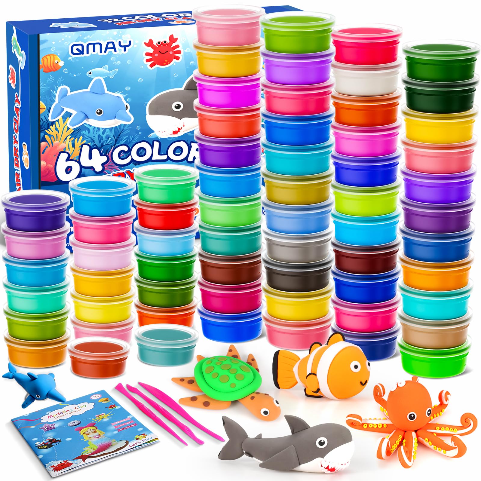 QMAY 64 Colors Air Dry Clay Kit  Ultra Light Magic Modeling Clay for Kids, DIY Craft Dough, Creative Art Supplies for Boys & Girls